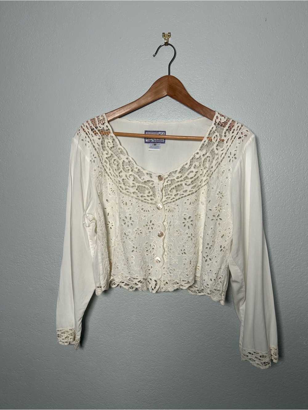 April Cornell Cottagecore Vintage Cream Crochet Lace Button-Front Blouse S